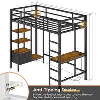 Sikaic Bed Frame LED Junior Loft Metal Twin Size Bed Frame with Desk Charging Station Drawers Storage Shelves and Safety Guard & Ladder No Box Spring Needed Black