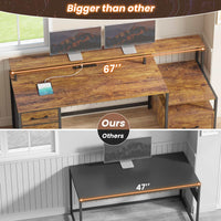 Sikaic Gaming Desk 66 inches LED Gaming Desk with File Drawer Power Outlet  Printer Cabinet and Monitor Shelf Brown