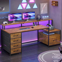 Sikaic Gaming Desk 66 inches LED Gaming Desk with File Drawer Power Outlet  Printer Cabinet and Monitor Shelf Brown