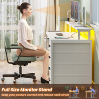 Sikaic Gaming Desk 66 inches LED Gaming Desk with File Drawer Power Outlet  Printer Cabinet and Monitor Shelf White