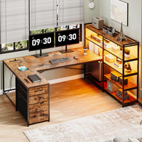 Sikaic Gaming Desk 64.5 inches Reversible L Shaped Desk with Storage Shelves  U Shaped Gaming Desk with 3 Drawers Power Outlet & LED Strip Brown