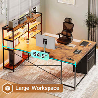 Sikaic Gaming Desk 64.5 inches Reversible L Shaped Desk with Storage Shelves  U Shaped Gaming Desk with 3 Drawers Power Outlet & LED Strip Brown