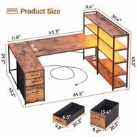 Sikaic Gaming Desk 64.5 inches Reversible L Shaped Desk with Storage Shelves  U Shaped Gaming Desk with 3 Drawers Power Outlet & LED Strip Brown