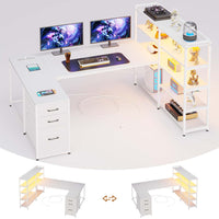 Sikaic Gaming Desk 64.5 inches Reversible L Shaped Desk with Storage Shelves  U Shaped Gaming Desk with 3 Drawers Power Outlet & LED Strip White