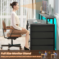 Sikaic Gaming Desk 66 inches LED Gaming Desk with File Drawer Power Outlet  Printer Cabinet and Monitor Shelf Grey