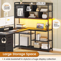 Sikaic Gaming Desk 58 Inches L Shaped Gaming Desk with LED Light 3 Drawers and Bookshelf Storage Shelves Black