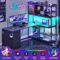 Sikaic Gaming Desk 58 Inches L Shaped Gaming Desk with LED Light 3 Drawers and Bookshelf Storage Shelves Black