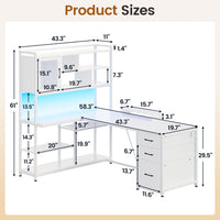 Sikaic Gaming Desk 58 Inches L Shaped Gaming Desk with LED Light 3 Drawers and Bookshelf Storage Shelves White