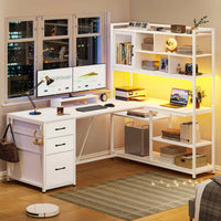 Sikaic Gaming Desk 58 Inches L Shaped Gaming Desk with LED Light 3 Drawers and Bookshelf Storage Shelves White