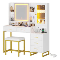 Sikaic Makeup Vanity Makeup Vanity Set with Mirror and Lights Charging Station RGB Jewelry Storage Shelves White