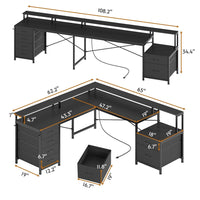 Sikaic Gaming Desk 108 Inches L Shaped  Led Lights Two Person Gaming Desk with 6 Drawers File Drawer & Power Outlet Monitor Shelf File Cabinet Black