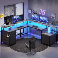 Sikaic Gaming Desk 108 Inches L Shaped  Led Lights Two Person Gaming Desk with 6 Drawers File Drawer & Power Outlet Monitor Shelf File Cabinet Grey