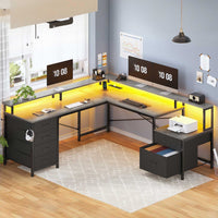 Sikaic Gaming Desk 108 Inches L Shaped  Led Lights Two Person Gaming Desk with 6 Drawers File Drawer & Power Outlet Monitor Shelf File Cabinet Grey