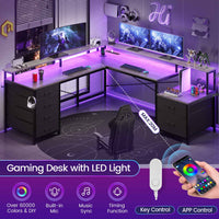 Sikaic Gaming Desk 108 Inches L Shaped  Led Lights Two Person Gaming Desk with 6 Drawers File Drawer & Power Outlet Monitor Shelf File Cabinet Grey
