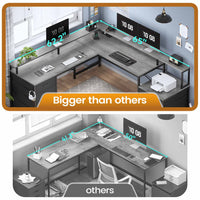 Sikaic Gaming Desk 108 Inches L Shaped  Led Lights Two Person Gaming Desk with 6 Drawers File Drawer & Power Outlet Monitor Shelf File Cabinet Grey