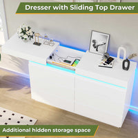 Sikaic Dresser LED Lights White Dresser for Bedroom with Charging Station and Sliding Desktop Drawers Large Storage Tower Clothes Organizer