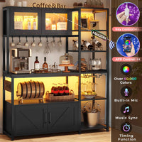 Sikaic Coffee Bar 45.3 Inches Farmhouse Coffee Bar Bakers Rack with Power Outlet and LED Light  Cabinet Kitchen with Storage Black