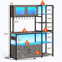 Sikaic Coffee Bar 45.3 Inches Farmhouse Coffee Bar Bakers Rack with Power Outlet and LED Light  Cabinet Kitchen with Storage Grey