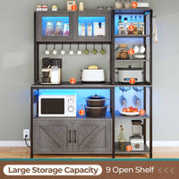 Sikaic Coffee Bar 45.3 Inches Farmhouse Coffee Bar Bakers Rack with Power Outlet and LED Light  Cabinet Kitchen with Storage Grey