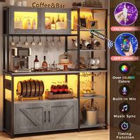 Sikaic Coffee Bar 45.3 Inches Farmhouse Coffee Bar Bakers Rack with Power Outlet and LED Light  Cabinet Kitchen with Storage Grey