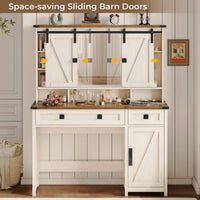 Sikaic Makeup Vanity Sliding Mirror Makeup Vanity with Lights & Barn Doors Charging Station Jewelry Hooks and Open Storage Shelves White