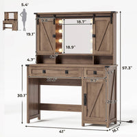 Sikaic Makeup Vanity Sliding Mirror Makeup Vanity with Lights & Barn Doors Charging Station Jewelry Hooks and Open Storage Shelves Brown