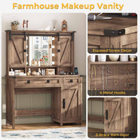 Sikaic Makeup Vanity Sliding Mirror Makeup Vanity with Lights & Barn Doors Charging Station Jewelry Hooks and Open Storage Shelves Brown
