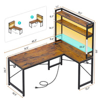 Sikaic Gaming Desk 45.3 inches LED Reversible L Shaped Gaming Desk with Hutch Power Outlet Storage Shelves  and Hooks Brown