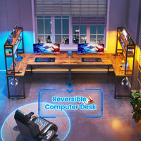 Sikaic Gaming Desk 45.3 inches LED Reversible L Shaped Gaming Desk with Hutch Power Outlet Storage Shelves  and Hooks Brown