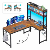 Sikaic Gaming Desk 45.3 inches LED Reversible L Shaped Gaming Desk with Hutch Power Outlet Storage Shelves  and Hooks Brown