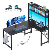 Sikaic Gaming Desk 45.3 inches LED Reversible L Shaped Gaming Desk with Hutch Power Outlet Storage Shelves  and Hooks Black