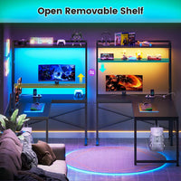 Sikaic Gaming Desk 45.3 inches LED Reversible L Shaped Gaming Desk with Hutch Power Outlet Storage Shelves  and Hooks Black