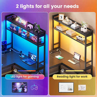 Sikaic Gaming Desk 45.3 inches LED Reversible L Shaped Gaming Desk with Hutch Power Outlet Storage Shelves  and Hooks Black