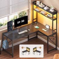Sikaic Gaming Desk 45.3 inches LED Reversible L Shaped Gaming Desk with Hutch Power Outlet Storage Shelves  and Hooks Black