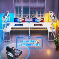 Sikaic Gaming Desk 45.3 inches LED Reversible L Shaped Gaming Desk with Hutch Power Outlet Storage Shelves  and Hooks White