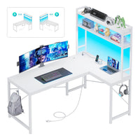 Sikaic Gaming Desk 45.3 inches LED Reversible L Shaped Gaming Desk with Hutch Power Outlet Storage Shelves  and Hooks White