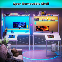 Sikaic Gaming Desk 45.3 inches LED Reversible L Shaped Gaming Desk with Hutch Power Outlet Storage Shelves  and Hooks White
