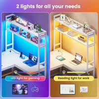 Sikaic Gaming Desk 45.3 inches LED Reversible L Shaped Gaming Desk with Hutch Power Outlet Storage Shelves  and Hooks White