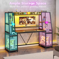 Sikaic Gaming Desk 65.7 Inches Large PC Gamer Gaming Desk with LED Lights Hutch and Storage Shelves Monitor Stand Black