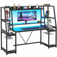 Sikaic Gaming Desk 65.7 Inches Large PC Gamer Gaming Desk with LED Lights Hutch and Storage Shelves Monitor Stand Black