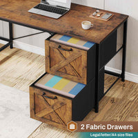 Sikaic Gaming Desk LED lights L Shaped Gaming Desk with Fabric File Drawers and Power Outlet Hutch & Storage Shelves Rustic Brown