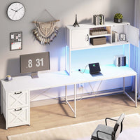 Sikaic Gaming Desk LED lights L Shaped Gaming Desk with Fabric File Drawers and Power Outlet Hutch & Storage Shelves White