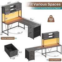 Sikaic Gaming Desk LED lights L Shaped Gaming Desk with Fabric File Drawers and Power Outlet Hutch & Storage Shelves Grey
