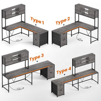 Sikaic Gaming Desk LED lights L Shaped Gaming Desk with Fabric File Drawers and Power Outlet Hutch & Storage Shelves Grey