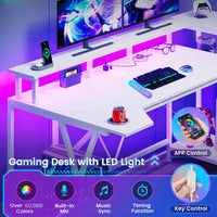 Sikaic Gaming Desk 55 Inches Large PC Gaming Desk with LED Lights and Storage Shelves  Monitor Stand Power Outlets Cup Holder White