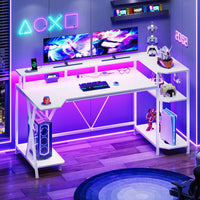 Sikaic Gaming Desk 55 Inches Large PC Gaming Desk with LED Lights and Storage Shelves  Monitor Stand Power Outlets Cup Holder White