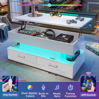 Sikaic Coffee Table 40 Inches Lift Top Coffee Table with 2 Fabric Drawers and LED Light White