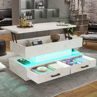 Sikaic Coffee Table 40 Inches Lift Top Coffee Table with 2 Fabric Drawers and LED Light White Marble