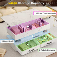 Sikaic Coffee Table 40 Inches Lift Top Coffee Table with 2 Fabric Drawers and LED Light White Marble
