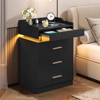Sikaic Nightstand Large Nightstand with Charging Station and LED Lights Black
